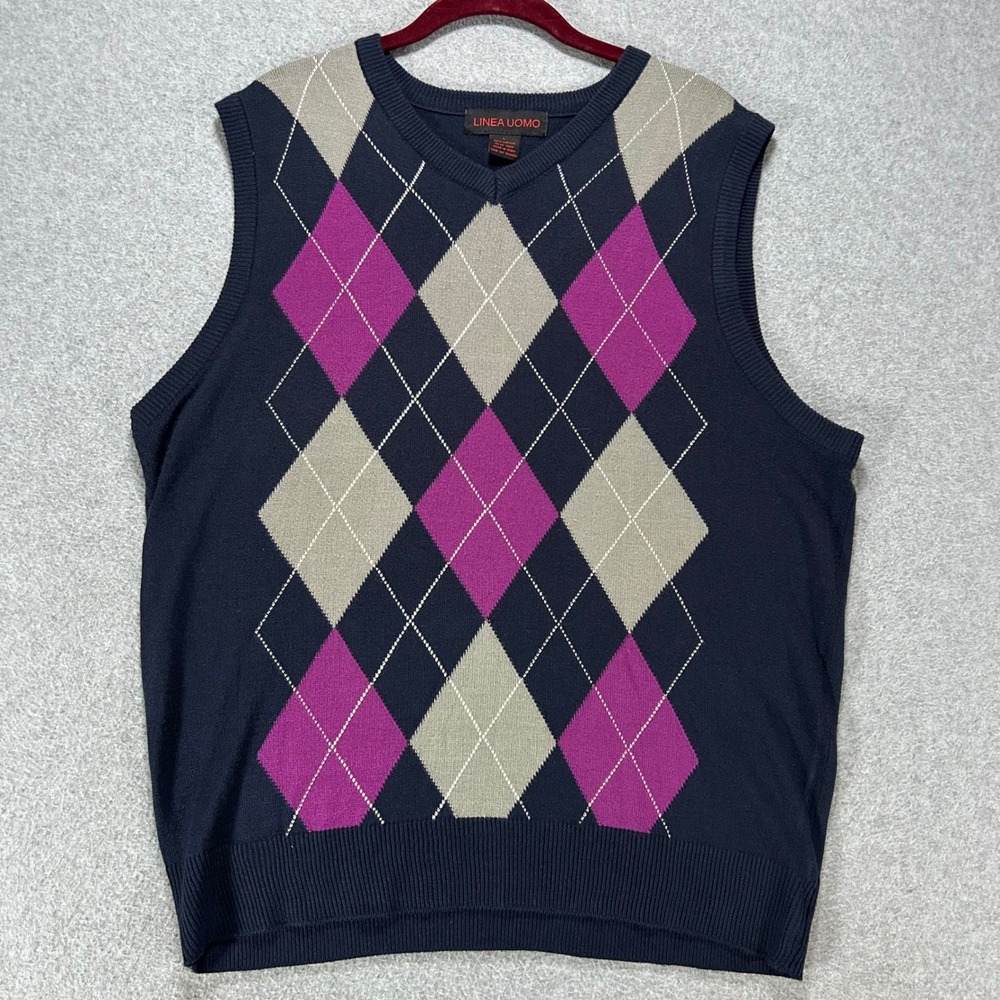 Linea Uomo Sweater Vest Mens Large Navy Blue Purple Argyle Preppy Academic